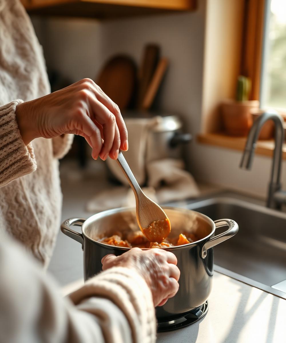 Hands teaching another to stir a pot